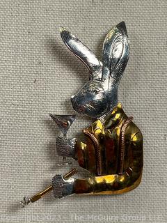 Sterling Silver and Copper Rabbit with Martini Brooch Signed by Jewelry Artist Courtney Peterson.