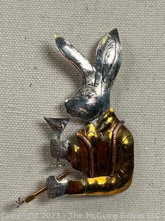 Sterling Silver and Copper Rabbit with Martini Brooch Signed by Jewelry Artist Courtney Peterson.