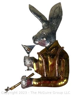 Sterling Silver and Copper Rabbit with Martini Brooch Signed by Jewelry Artist Courtney Peterson.