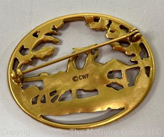 Openwork Brooch Featuring Horses Racing Marked CWF. 