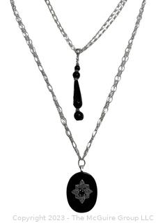 Two (2) Black Onyx Pendants on Sterling Silver Chain Necklaces.