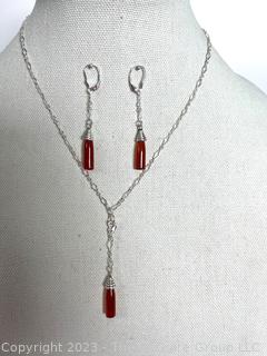 Carnelian Stone Pendant on 18" Sterling Silver Chain with Matching Drop Earrings.