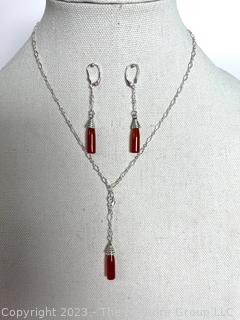 Carnelian Stone Pendant on 18" Sterling Silver Chain with Matching Drop Earrings.