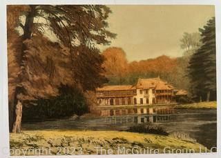 Water Color Lithograph of Le Hameau de la Reine, Versailles France 