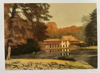 Water Color Lithograph of Le Hameau de la Reine, Versailles France 