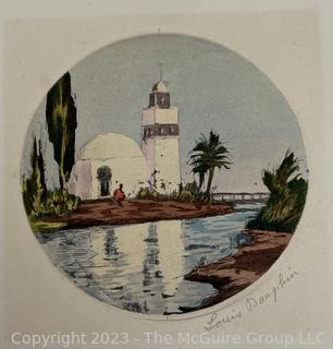 Unframed Hand Colored Etching of Mosque by French Artist Louis Etienne Dauphin (1885-1926).  5 1/2" diameter.  Total image 8 3/4 x 9 1/2"