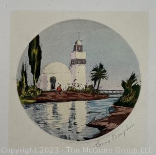 Unframed Hand Colored Etching of Mosque by French Artist Louis Etienne Dauphin (1885-1926).  5 1/2" diameter.  Total image 8 3/4 x 9 1/2"