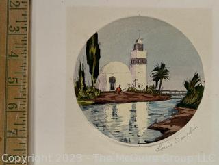 Unframed Hand Colored Etching of Mosque by French Artist Louis Etienne Dauphin (1885-1926).  5 1/2" diameter.  Total image 8 3/4 x 9 1/2"