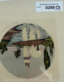 Unframed Hand Colored Etching of Mosque by French Artist Louis Etienne Dauphin (1885-1926).  5 1/2" diameter.  Total image 8 3/4 x 9 1/2"