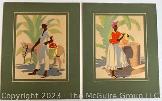 Set of Two (2) Color Silk Screen Prints of Jamaican Man and Woman by RV> Madeville. c 1940's  