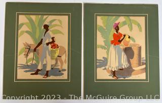 Set of Two (2) Color Silk Screen Prints of Jamaican Man and Woman by RV> Madeville. c 1940's  