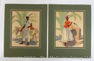 Set of Two (2) Color Silk Screen Prints of Jamaican Man and Woman by RV> Madeville. c 1940's  