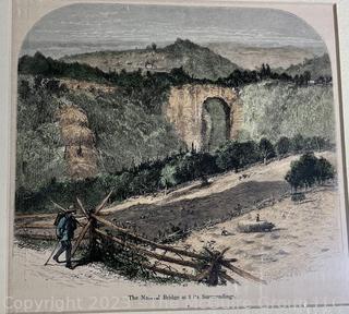 Unframed with Mat Hand Colored Engraving of Natural Bridge and Its Surroundings, Virginia, 1880 with COA. Image 7" x 10".