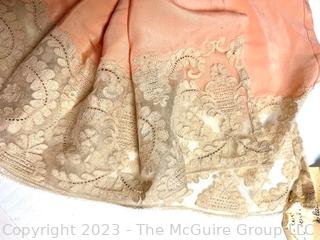 Antique Salmon Pink Silk with Lace Trim Shawl or Wrap. 