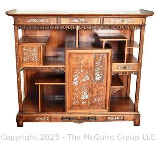 Japanese Carved Open Hardwood Shodona Display Cabinet with Inlaid Mother of Pearl Decoration