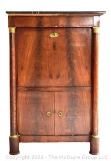 19th Century French Empire Drop Front Desk Secretaire À Abattant With Marble Top and Bronze Ormolu Elements.