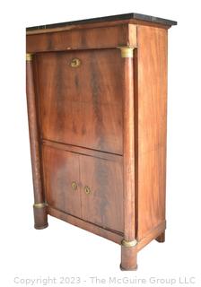 19th Century French Empire Drop Front Desk Secretaire À Abattant With Marble Top and Bronze Ormolu Elements.