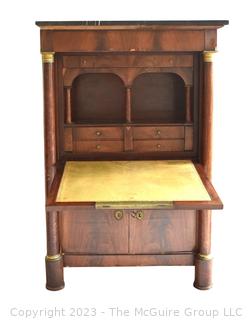 19th Century French Empire Drop Front Desk Secretaire À Abattant With Marble Top and Bronze Ormolu Elements.