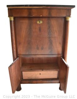 19th Century French Empire Drop Front Desk Secretaire À Abattant With Marble Top and Bronze Ormolu Elements.