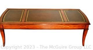 Brass & Cherry Leather Top Campaign Style Coffee Table. 49" wide, 15.5" Tall