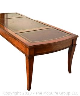 Brass & Cherry Leather Top Campaign Style Coffee Table. 49" wide, 15.5" Tall