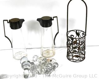 Two (2) Art Deco Glass Decanters with Silver Fittings Marked H.J. Linton, Pairs and Collection of Crystal Stoppers