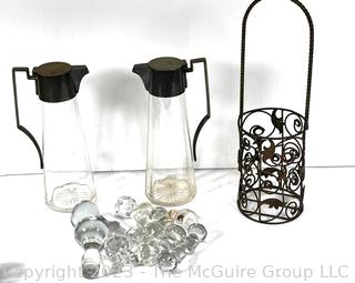 Two (2) Art Deco Glass Decanters with Silver Fittings Marked H.J. Linton, Pairs and Collection of Crystal Stoppers