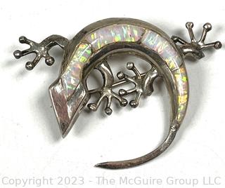 Artisan Signed Sterling Silver Inlay Opal Stone Lizard Gecko Brooch Pendant