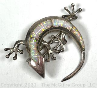 Artisan Signed Sterling Silver Inlay Opal Stone Lizard Gecko Brooch Pendant