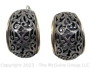 Sterling Silver Filigree Pierced Earrings with 18K Side Detail with Makers Mark, Possibly Konstantino.  One post broken.  17.2 grams