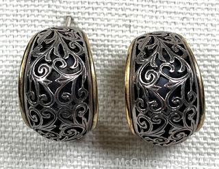 Sterling Silver Filigree Pierced Earrings with 18K Side Detail with Makers Mark, Possibly Konstantino.  One post broken.  17.2 grams