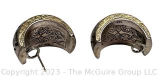 Sterling Silver Filigree Pierced Earrings with 18K Side Detail with Makers Mark, Possibly Konstantino.  One post broken.  17.2 grams