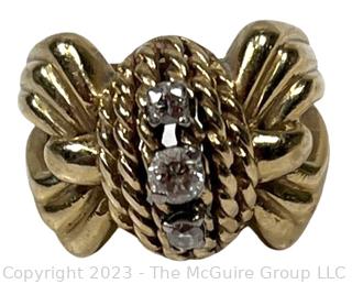 14KT Yellow Gold with Three (3) Diamonds Ribbon & Bow Shaped Ring. Weighs 9 grams