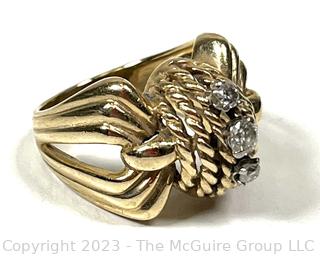 14KT Yellow Gold with Three (3) Diamonds Ribbon & Bow Shaped Ring. Weighs 9 grams