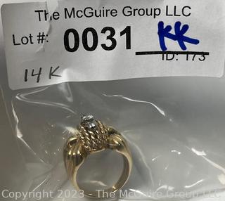 14KT Yellow Gold with Three (3) Diamonds Ribbon & Bow Shaped Ring. Weighs 9 grams