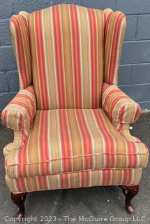 Vintage Striped Upholstered Wing Back Arm Chair