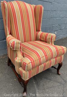 Vintage Striped Upholstered Wing Back Arm Chair