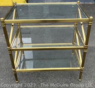 Three (3) Tier Brass with Glass Shelves Occasional Side Table. 27" x 18" x 29".  Second of two being offered in this auction.