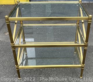 Three (3) Tier Brass with Glass Shelves Occasional Side Table. 27" x 18" x 29".  Second of two being offered in this auction.