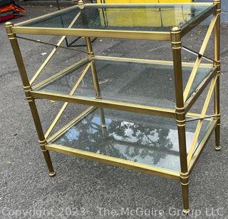 Three (3) Tier Brass with Glass Shelves Occasional Side Table. 27" x 18" x 29".  Second of two being offered in this auction.