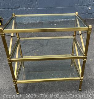 Three (3) Tier Brass with Glass Shelves Occasional Side Table. 27" x 18" x 29".  Second of two being offered in this auction.