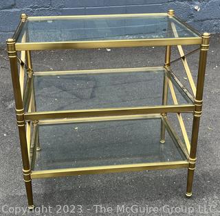 Three (3) Tier Brass with Glass Shelves Occasional Side Table. 27" x 18" x 29".  Second of two being offered in this auction.