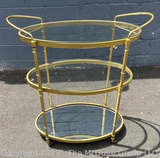 Three-Tiered Brass with Glass & Mirror Shelves Bar Cart on Wheels.