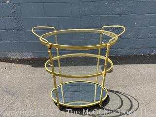 Three-Tiered Brass with Glass & Mirror Shelves Bar Cart on Wheels.