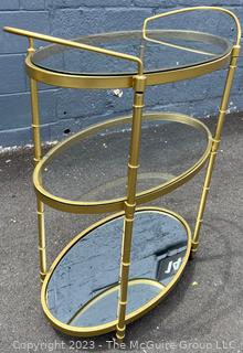 Three-Tiered Brass with Glass & Mirror Shelves Bar Cart on Wheels.