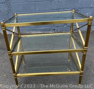 Three (3) Tier Brass with Glass Shelves Occasional Side Table. 27" x 18" x 29".  First of two being offered in this auction.