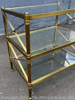 Three (3) Tier Brass with Glass Shelves Occasional Side Table. 27" x 18" x 29".  First of two being offered in this auction.