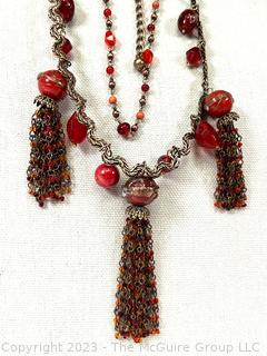 Brass with Red Bead Tassels Necklace