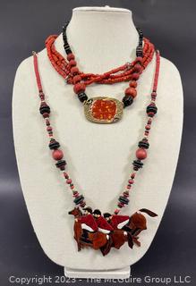 Three (3) Red Bead and Horse Themed Costume Jewelry Necklaces