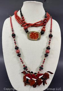 Three (3) Red Bead and Horse Themed Costume Jewelry Necklaces